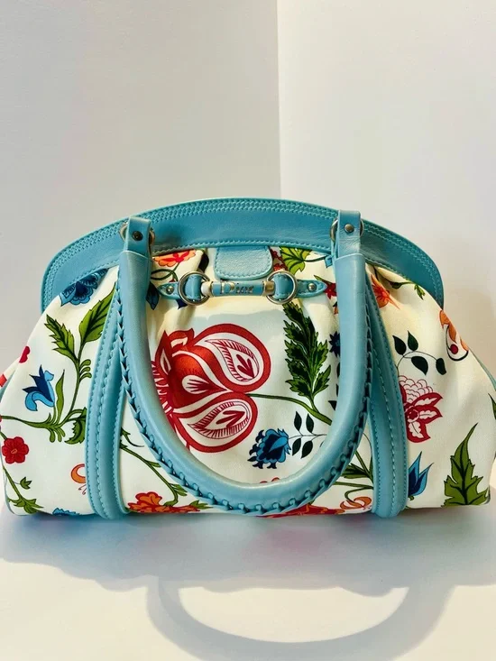 Authentic Christian Dior Floral Canvas Boston Bag Blue Leather Trim w/ Dust Bag - Picture 3 of 15